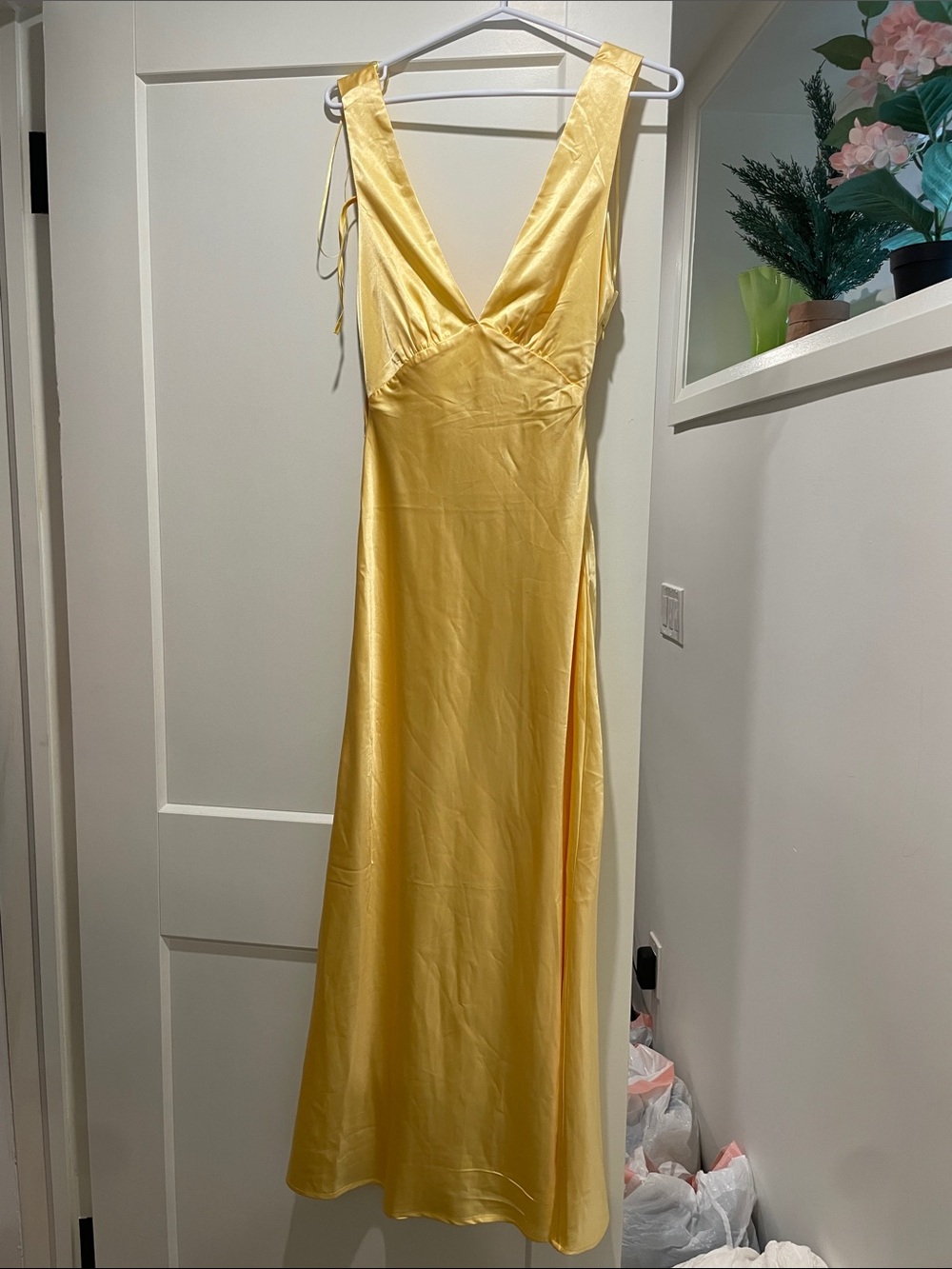 NWT AS IS 4-Hearts Yellow Satin V-Neck Slip Dress watch video / read description